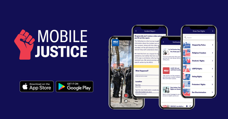 Promotional banner for the 'Mobile Justice' app.