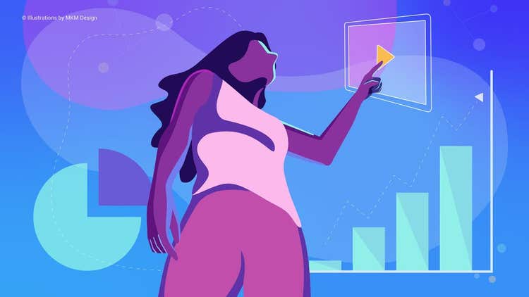 Illustration of woman pushing play button.