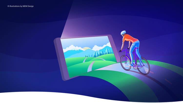 Illustration of person riding a bike with a large phone on the road.