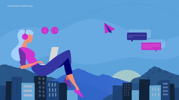 Illustration of woman sitting on top of buildings watching the sunset.