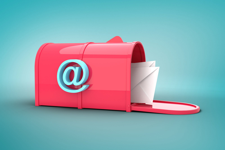 Pink mailbox with @ symbol on it with a turquoise background. 