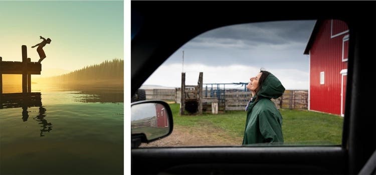 Left image is a figure jumping off a bridge into water. Right image is a person standing outside a car with their face to the sky.