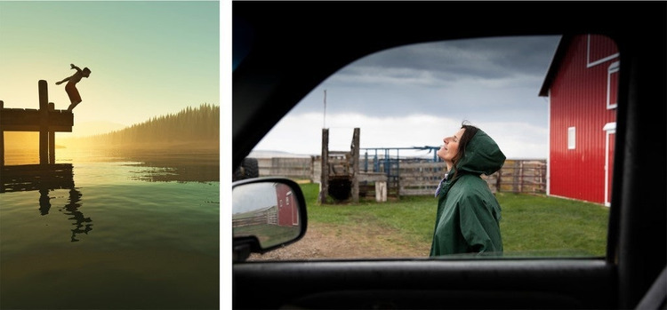 Left image is a figure jumping off a bridge into water. Right image is a person standing outside a car with their face to the sky. 