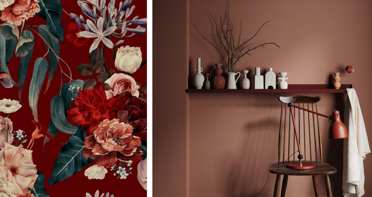 Red painted vintage floral pattern next to 3D render of wooden chair and lamp with shelf of ceramics, dried plants and towel. 