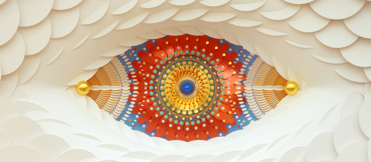 Image ALT text: Abstract 3D render of layered circles forming a kaleidoscope eye with gold and blue pearls and red iris.