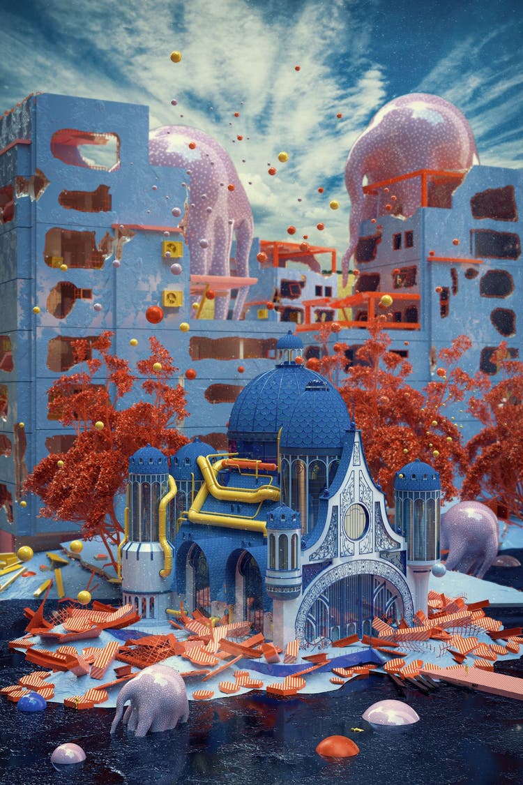 Photo of 3D artwork-with a partly cloudy sky, building, and artistic creations surrounding.