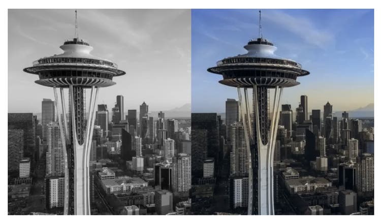 Picture of Seattle's Space Needle-first in black and white then in color.