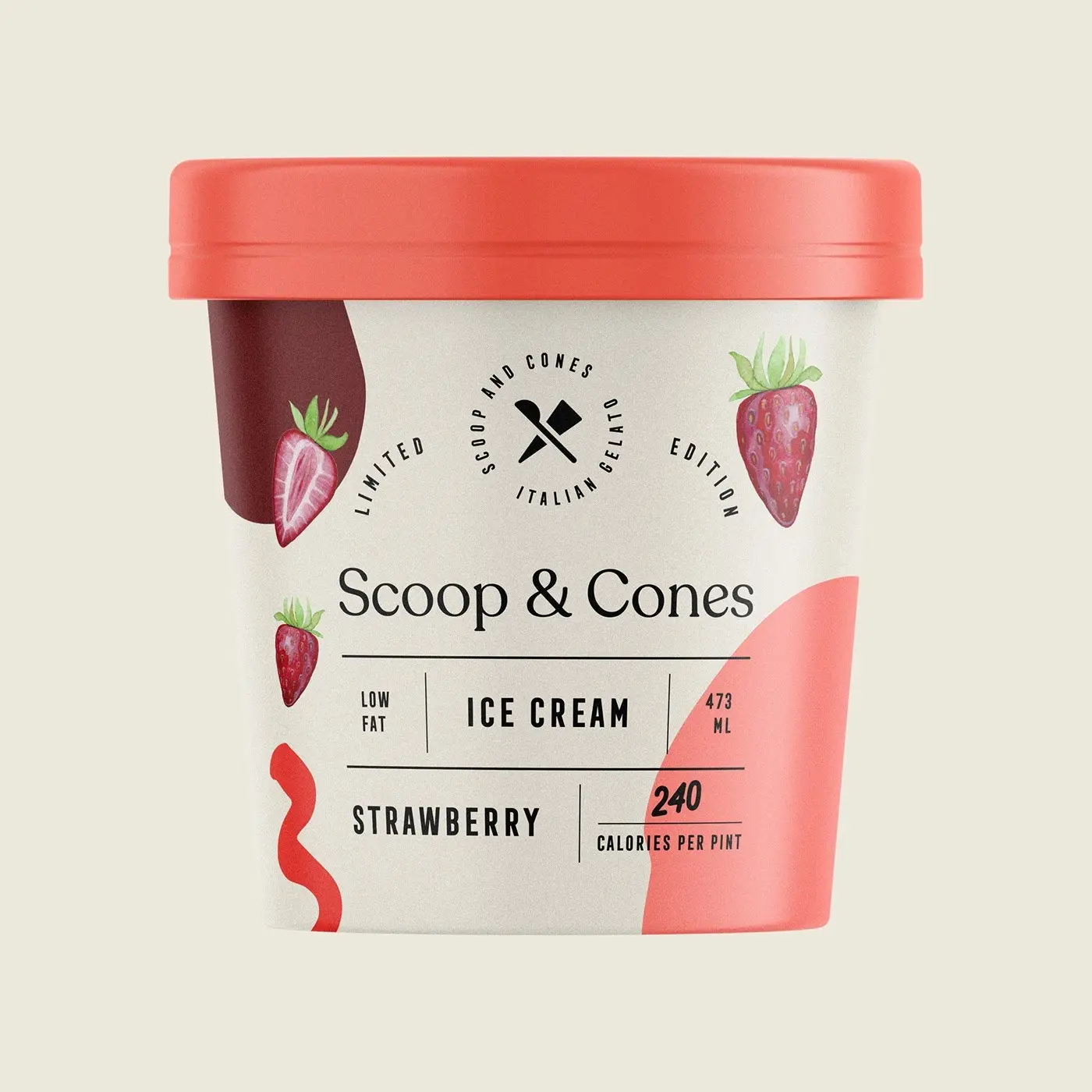 Carton of Scoop and Cones strawberry icecream. 