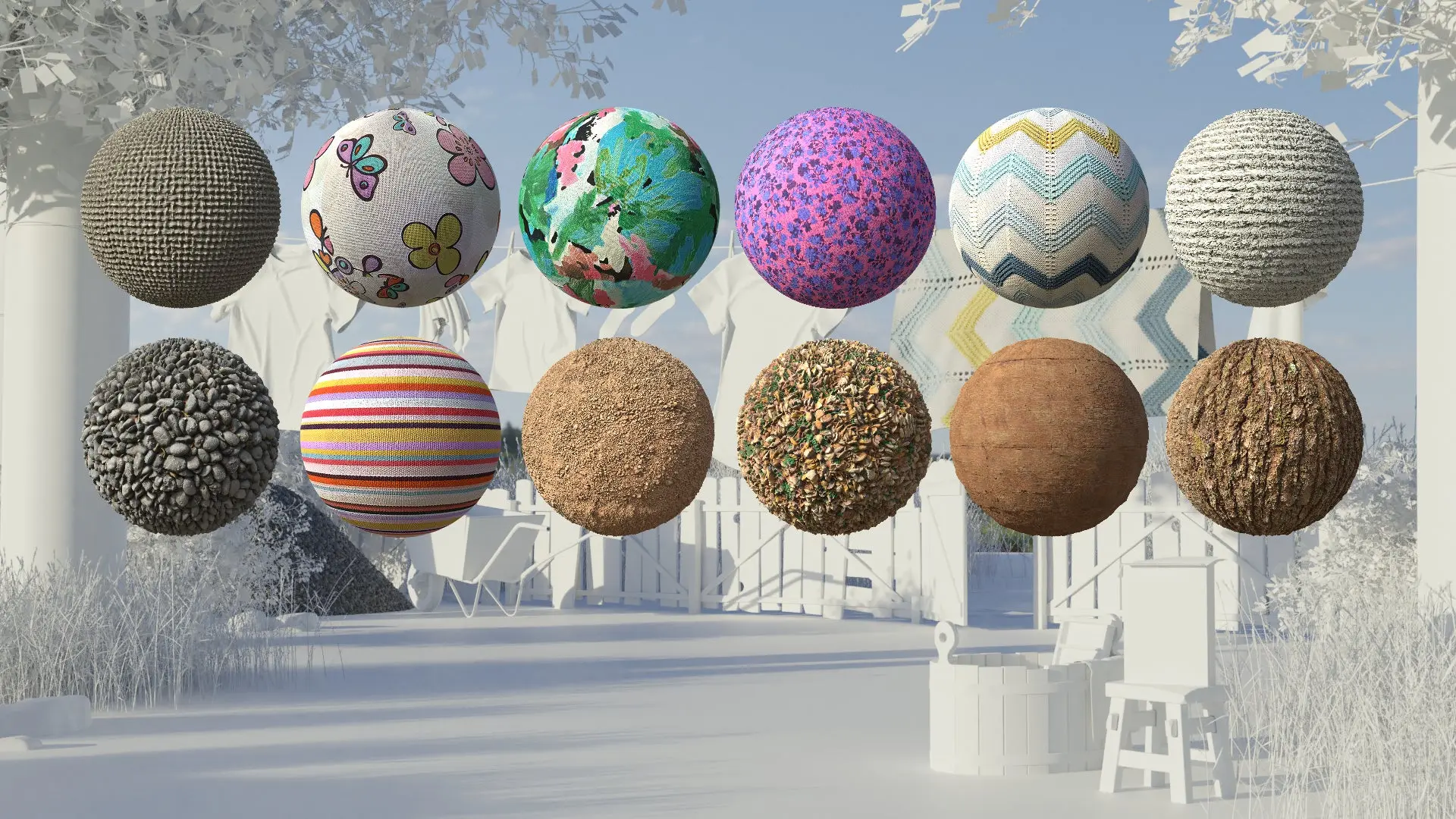 Picture of 12 textured spheres over top of white and blue scenic background