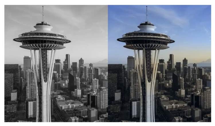 Picture of Seattle's Space Needle-first in black and white then in color.