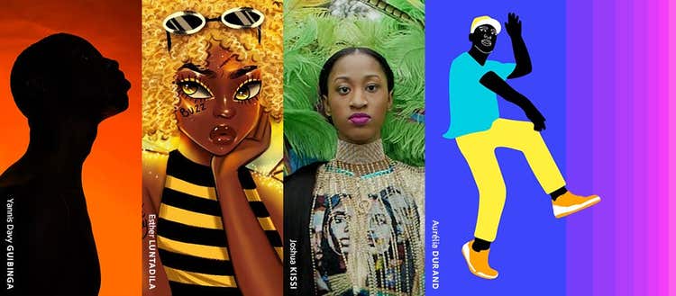 Colorful image depicting multimedia images of four people.