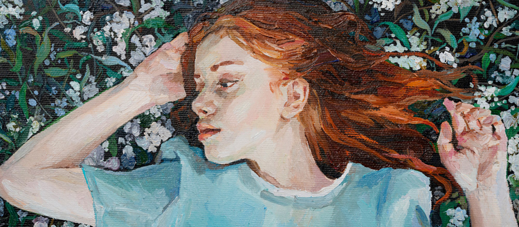 Acrylic portrait of red-haired young caucasian girl dreaming in field of white flowers. 