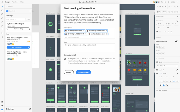 Screenshot of how to start design reviews with co-editors on XD documents. 