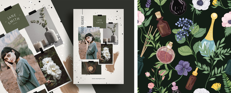 Paper collage showing girl in field, flowers, and ceramics next to black pattern of perfume bottles, incense, and plants. 