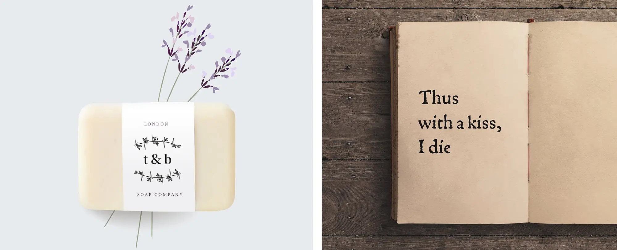 Beige soap mockup with lavender and a serif-font label next to a mockup of an open book with serif text. 