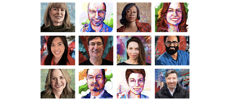 Portraits of Adobe's 12 Founders' Award recipients. Portraits by Kay Lam, Marina Okhromenko, and Devin Watlington.