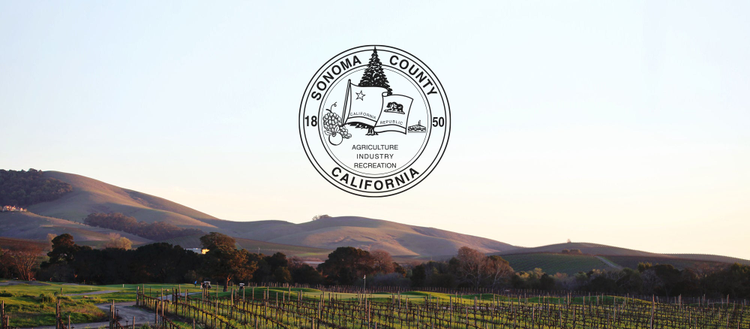 Picture of a vineyard with mountains and Sonoma County California Logo placed on it