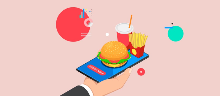 Illustration of a hand holding a tray of food including a cheesburger, fries and a drink. 