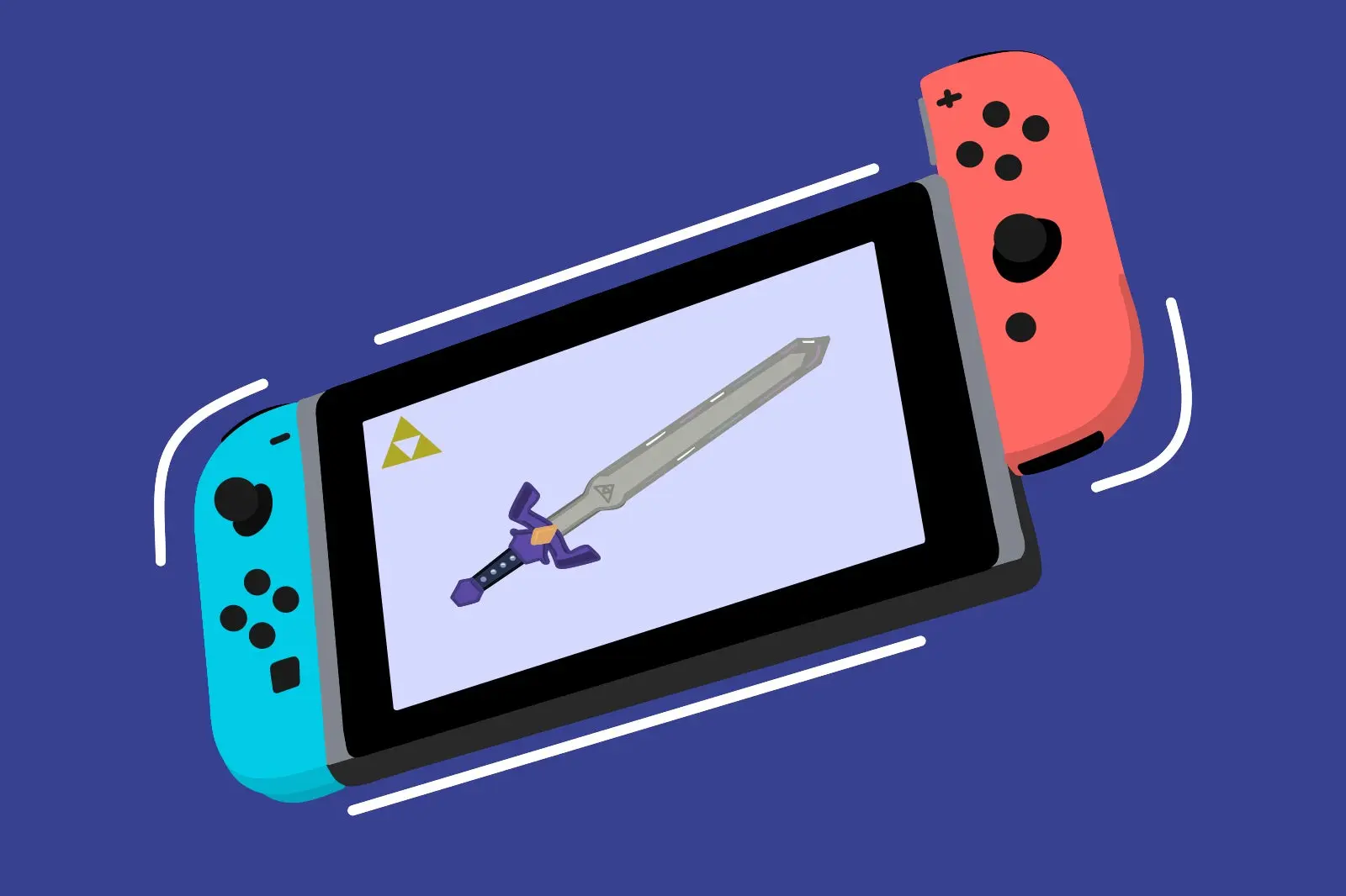 Animation of a nintendo switch with a sword on the screen. 