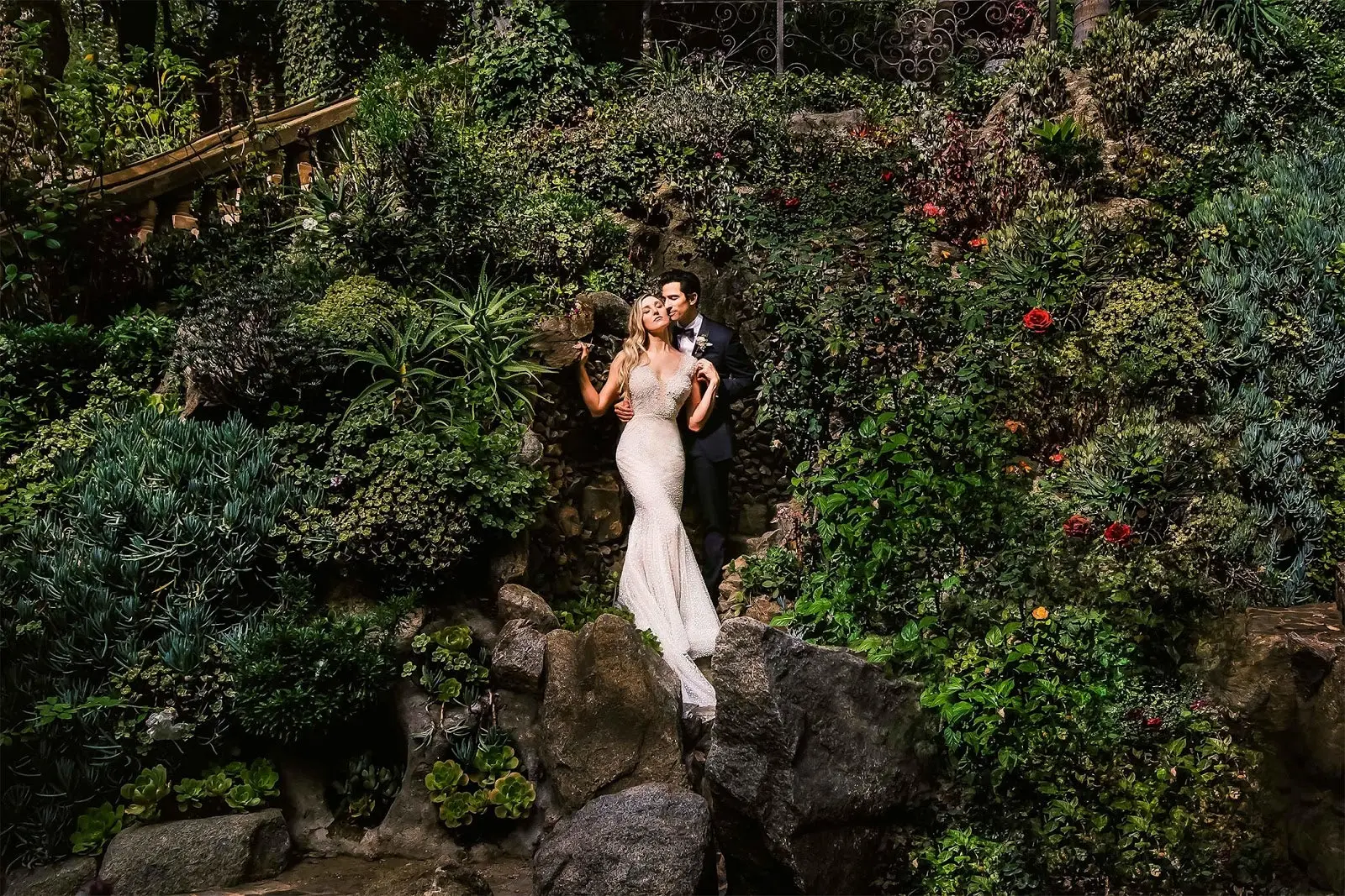 Bride and Groom standing on rocks surrounded by greenery. 