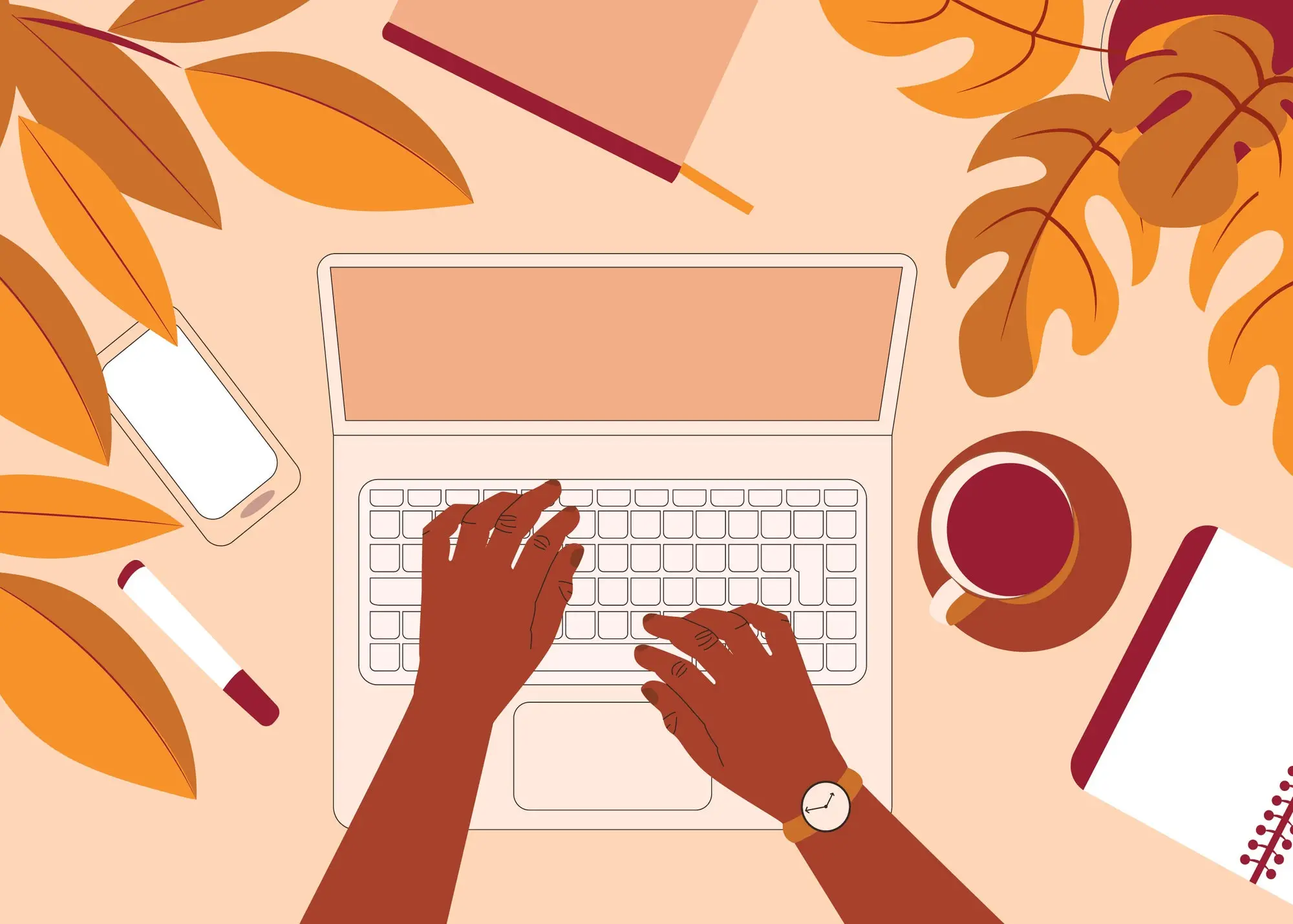 Autumn-themed birds-eye view illustration of hands typing on laptop surrounded.