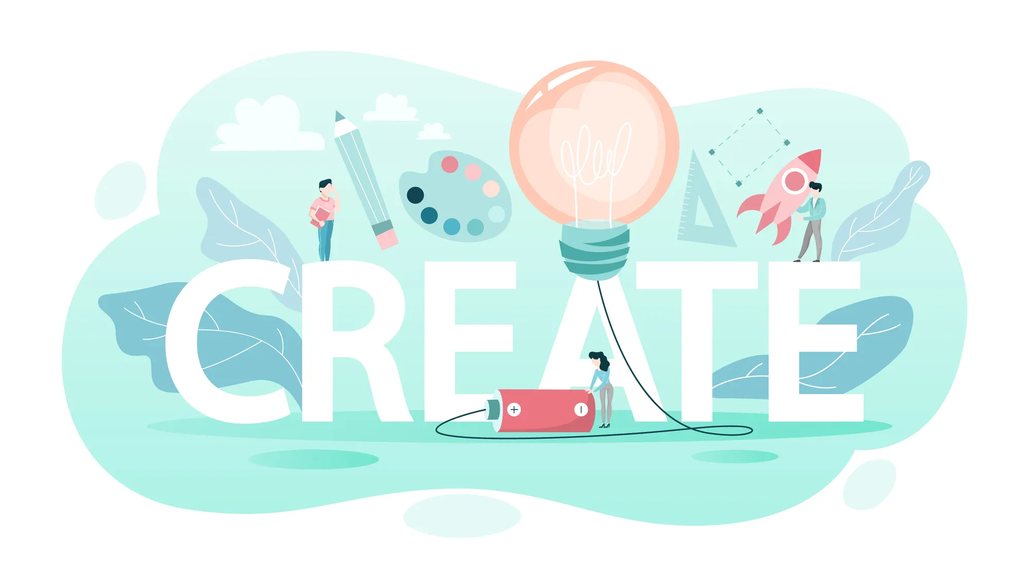 The word created painted on a turquoise background with a paint pallet, pencil, rocket ship, and large lightbulb.