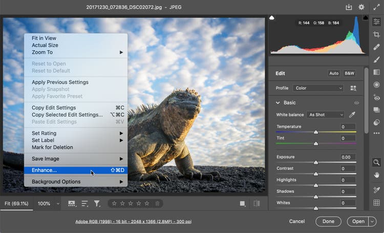 Screenshot of the enhancment tool in lightroom.