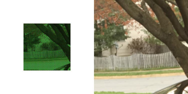 Same image of a tree with a fence in the background but one image has an x-trans input patch over it.