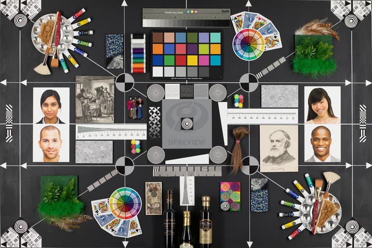 Collage of paint pallets mixed with photos of people and other objects.