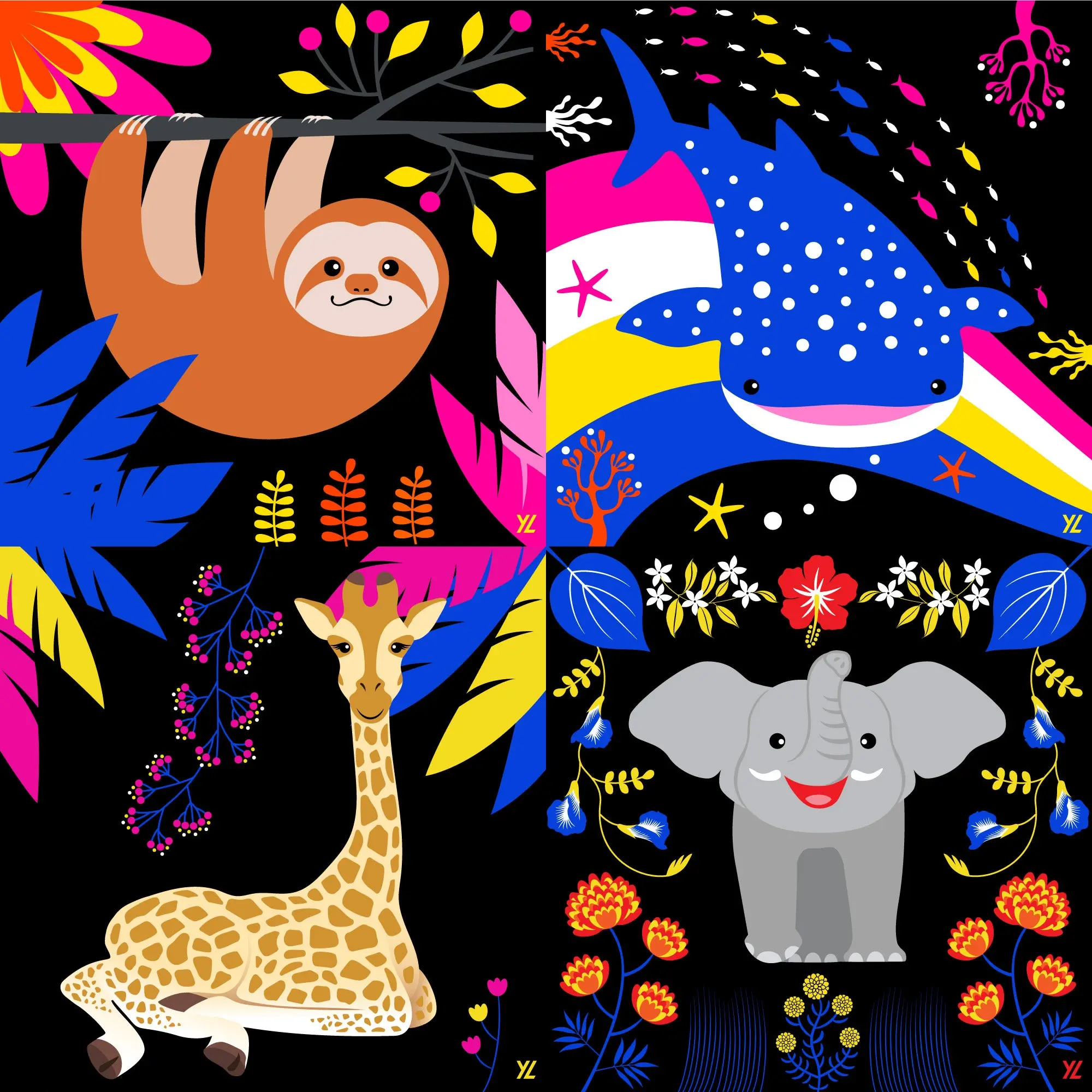 Illustration of endangered animals, sloth, girraff, elephant and shark. 