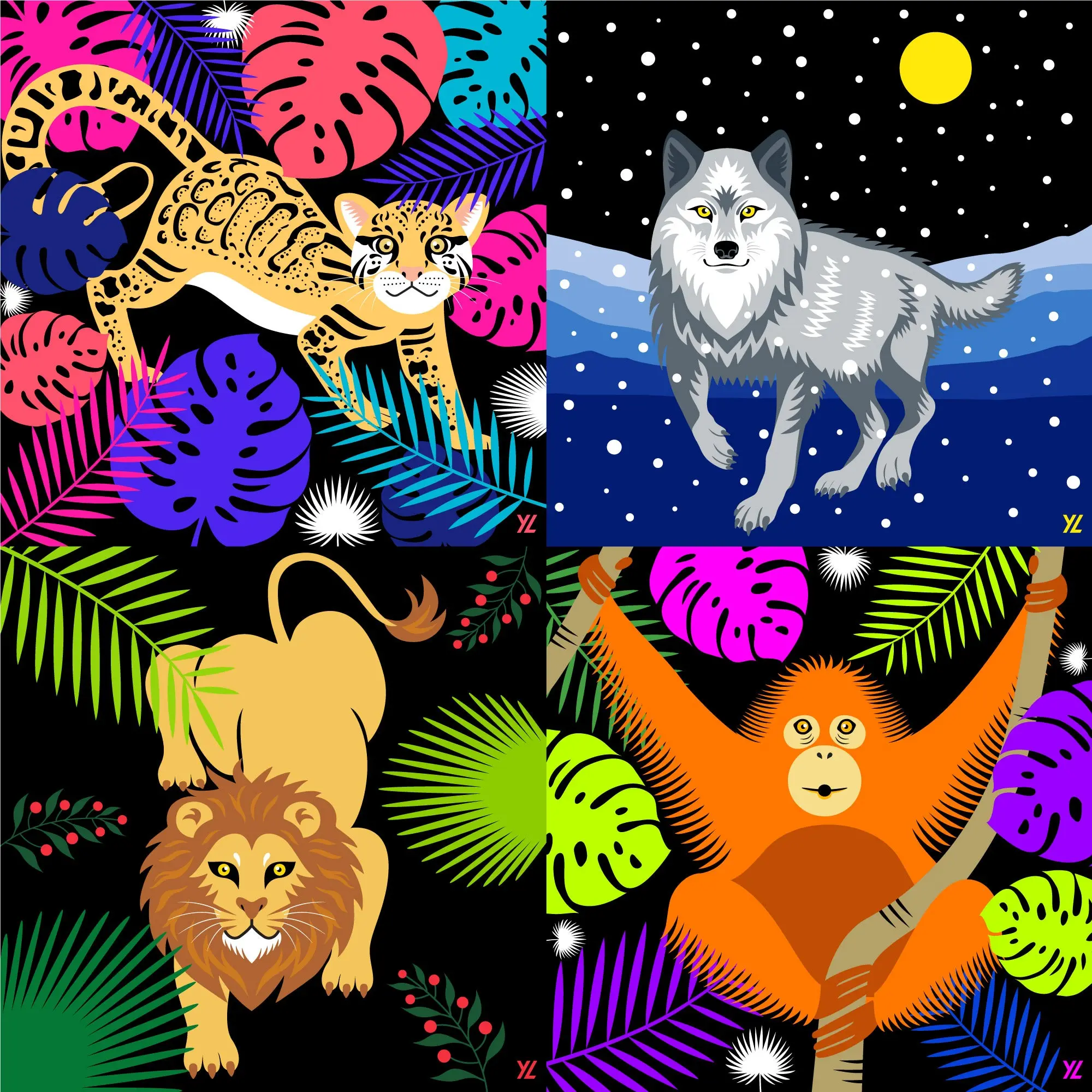 Illustration of endangered animals, a jaguar, wolf, lion, and orangutan.