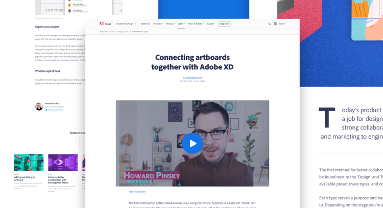 Screenshot of Adobe XD learn destination with a video playing. 