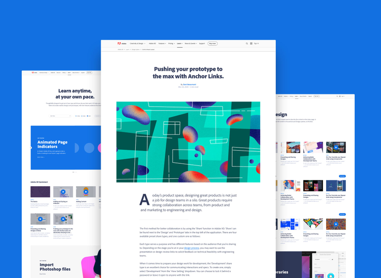 3 different website designs using Adobe XD features on a blue screen. 