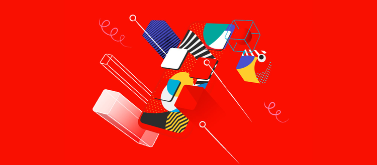 Abstract shapes with primary colors and red background