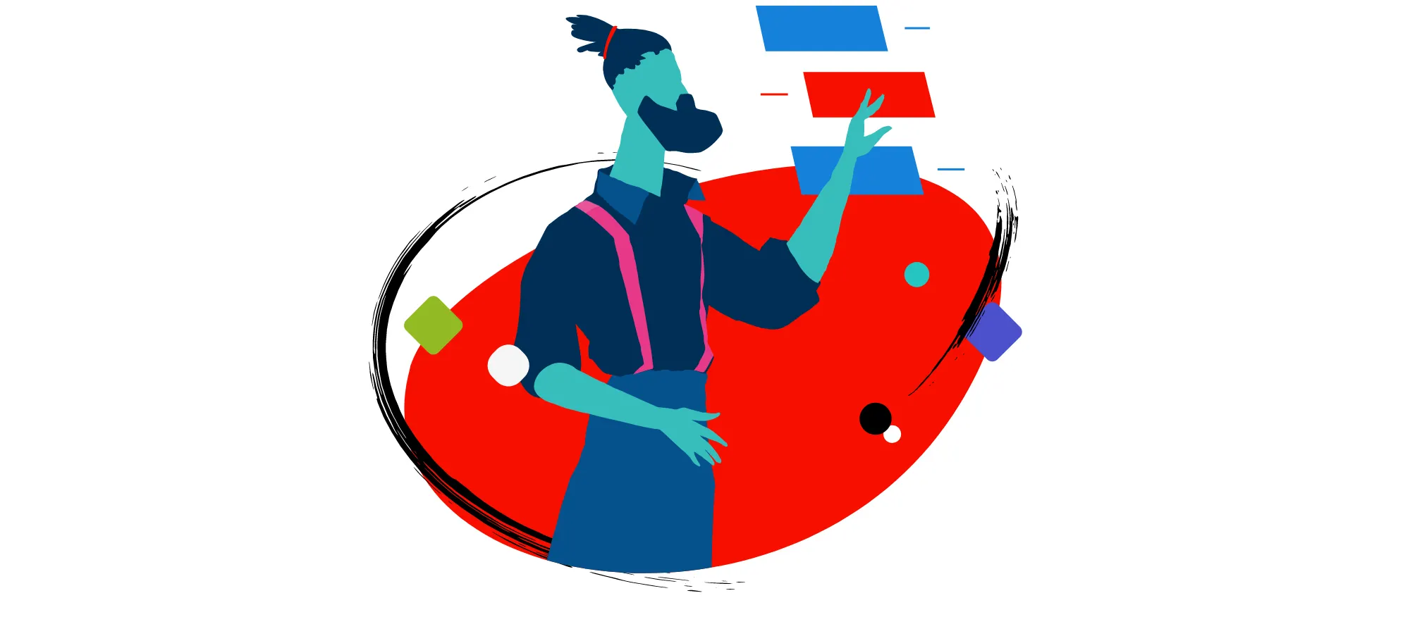 Photo of an abstract illustration of a man reaching out, with shapes in front of him.
