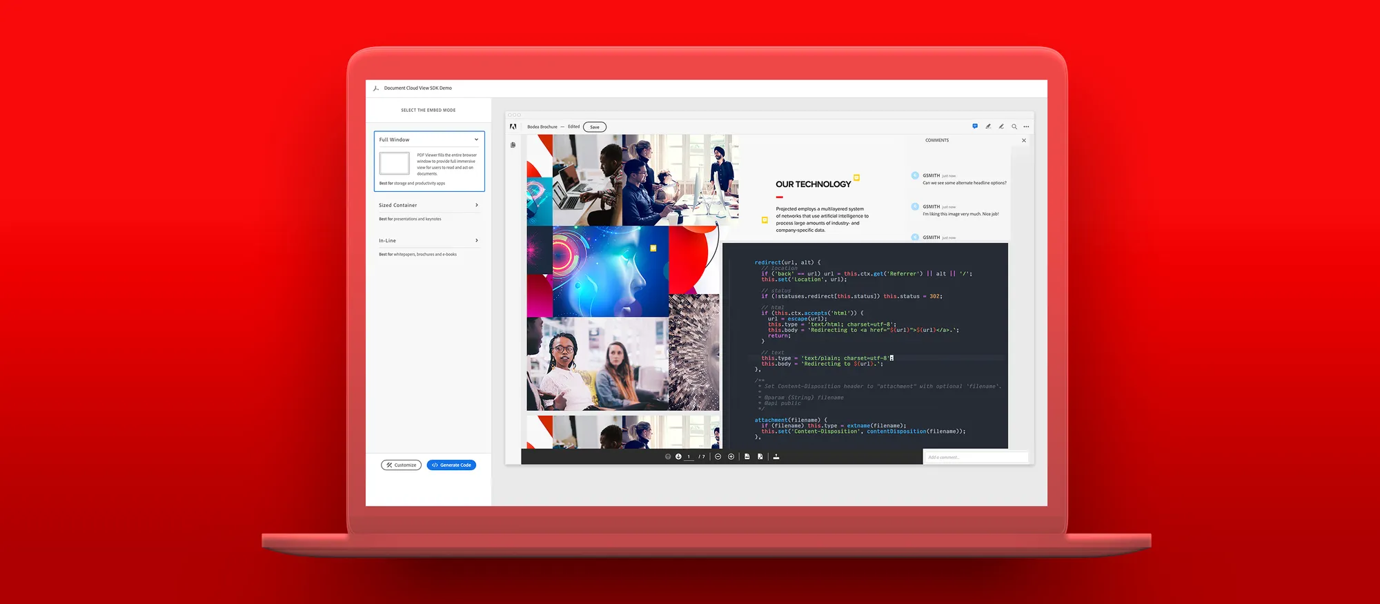 Laptop displaying computer code against a red background