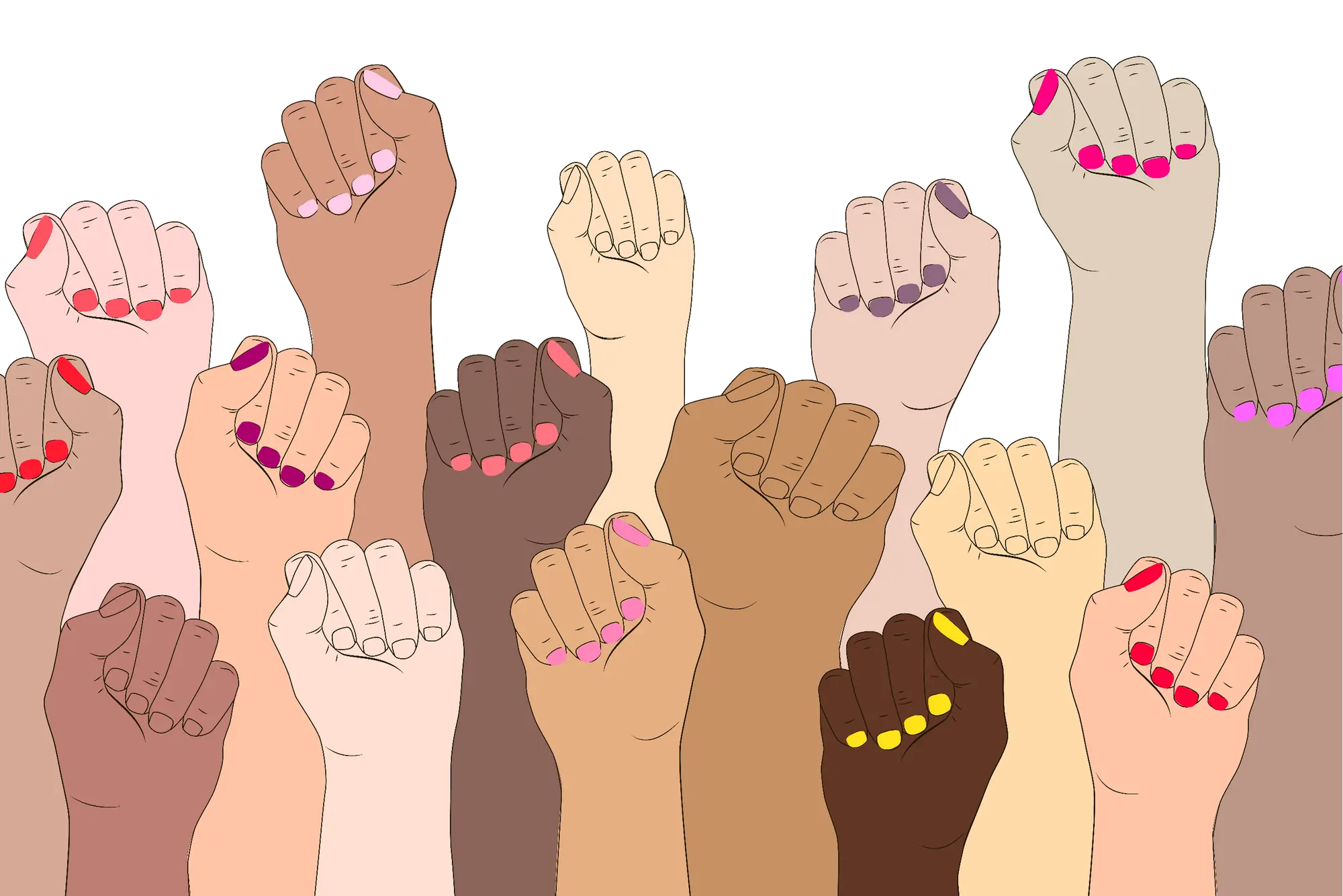 Women holding their fists in the air, showing support to other woman.
