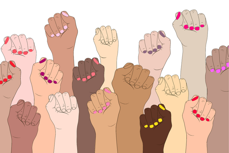 Women holding their fists in the air, showing support to other woman.