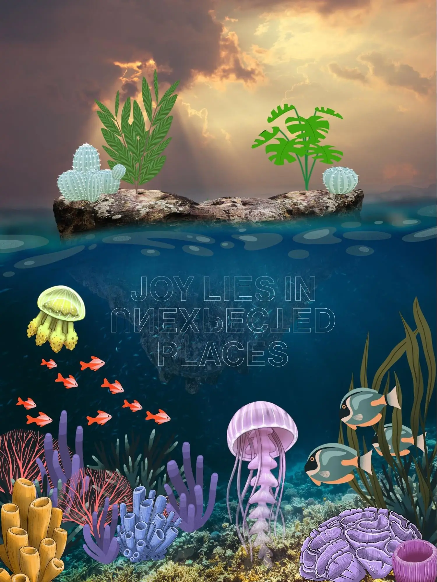 Picture showing plants and fish under water and also showing a rock above water. 