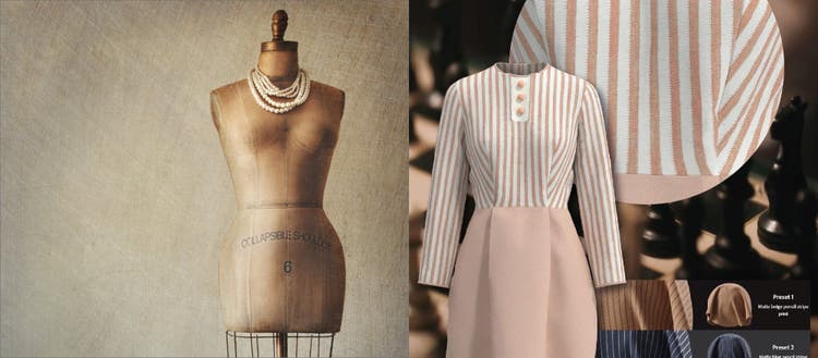 Left photo is a mannaquin with pearls on it and the right is a photo of a pink and white striped dress.