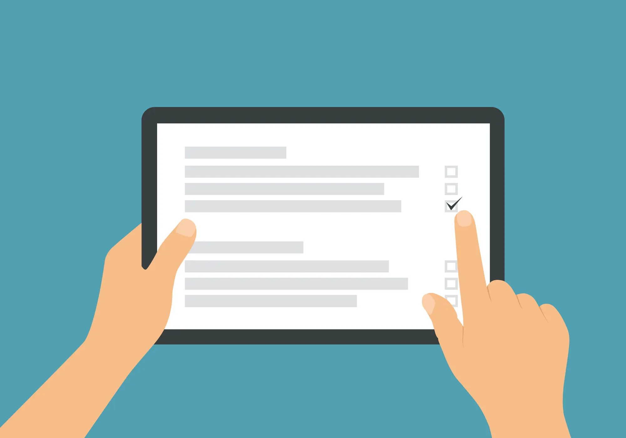 Illustration of a hand signing a tablet.
