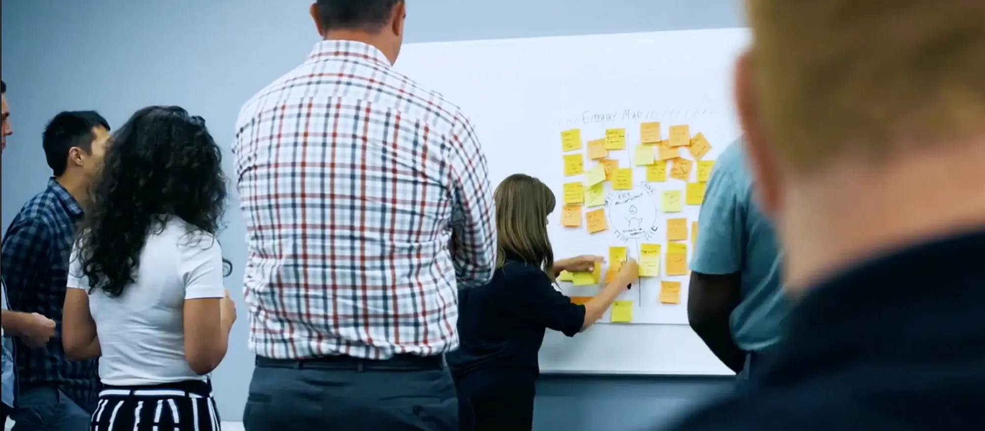 Group of people brainstorming with yellow sticky notes on a white board.
