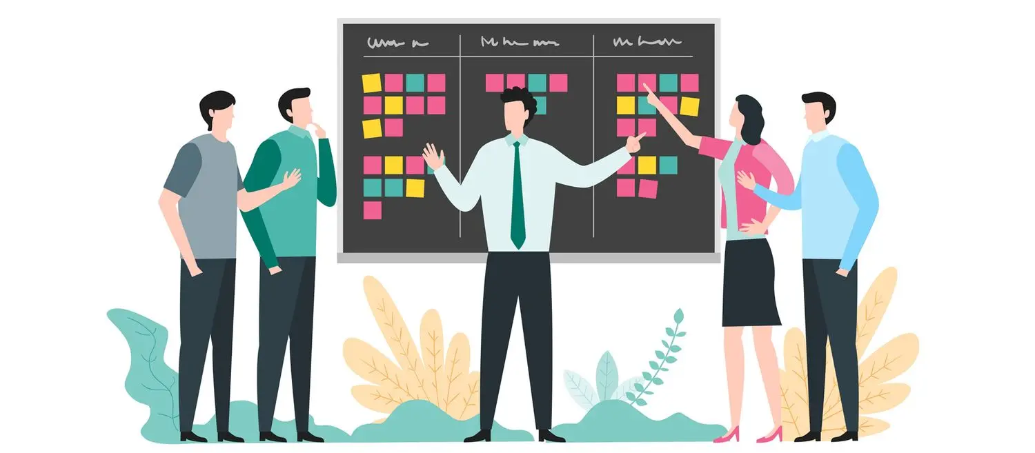 Illustration of a group of people brainstorming around a board of colorful post-it notes.
