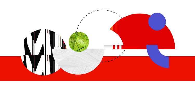 Abstract art with different shapes in red, white, black, green and blue.