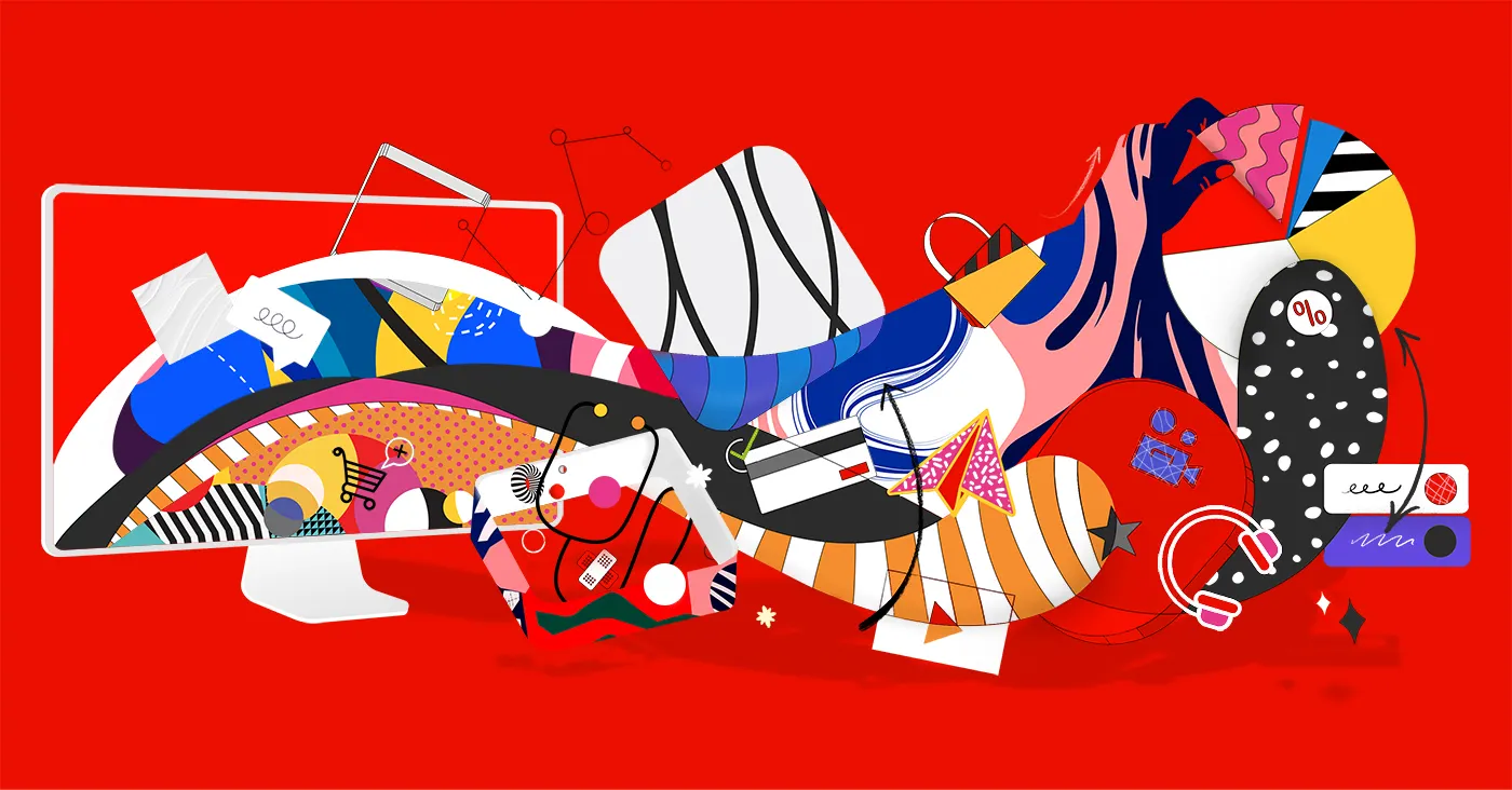 Abstract colorful art on a red background.