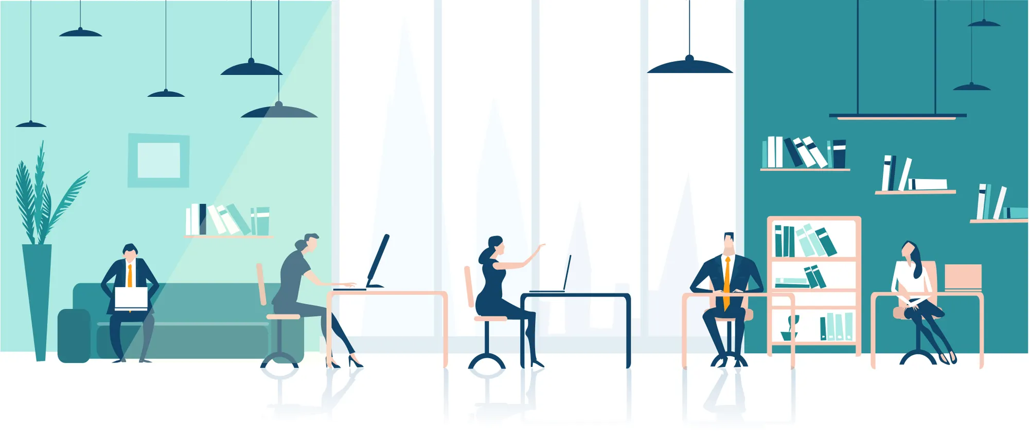 Illustration of business people working in office.