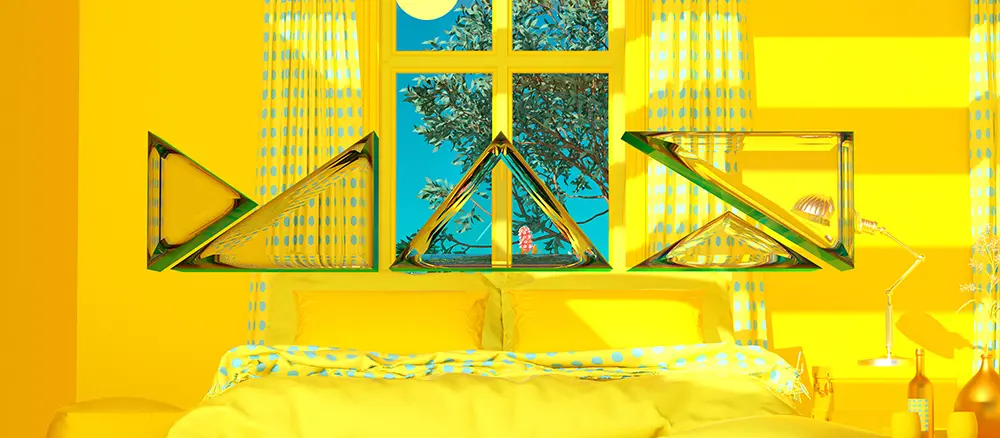 Abstract art of a bright yellow bedroom.