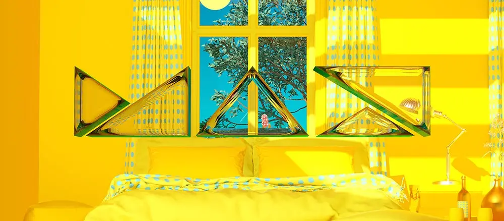 Abstract art of a bright yellow bedroom. 