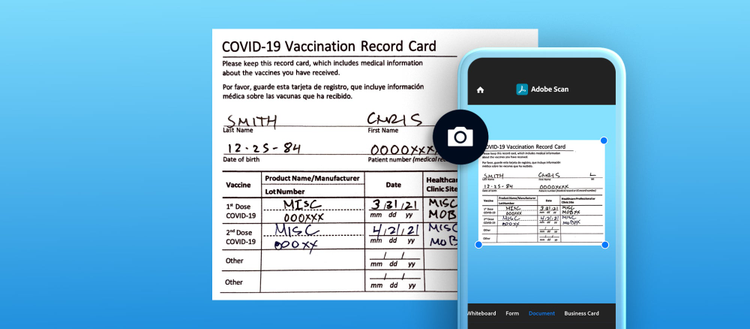 COVID-19 Vaccination record card with Adobe Scan. 