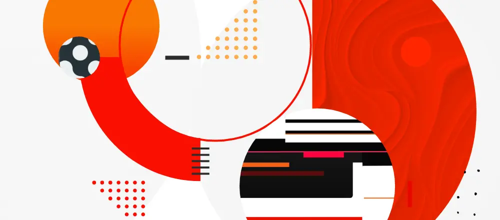 Abstract art with red and black and orange shapes.